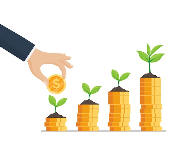 Tree growing on coins stack growth and save business concept. Steps to money success.