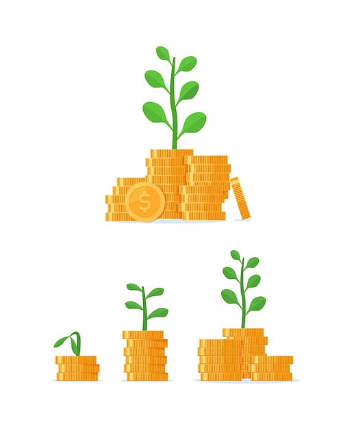 Vector tree growing on coins stack with mutual fund income increase interest rate budget balance