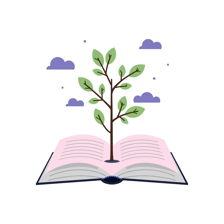 Vector tree growing from open book with green leaves and purple clouds illustration nature and knowledge concept vector