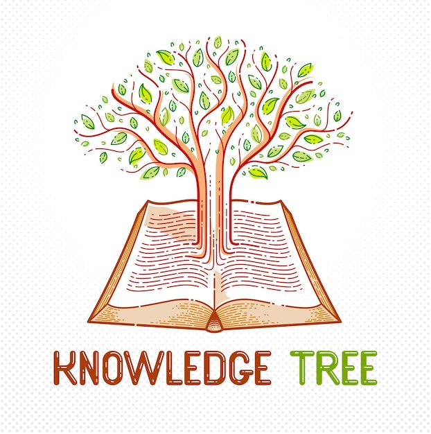 Albero che cresce da righe di testo di un libro vintage aperto istruzione o concetto di conoscenza scientifica, logo vettoriale o emblema di una biblioteca di letteratura educativa o scientifica.