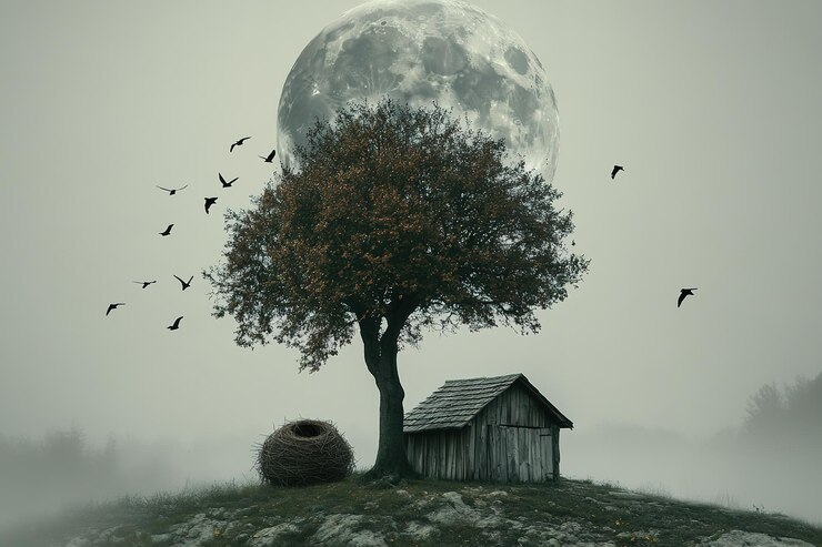 Vector a tree growing on the moon flying birds in front of it and an old wooden house below it the backgrou