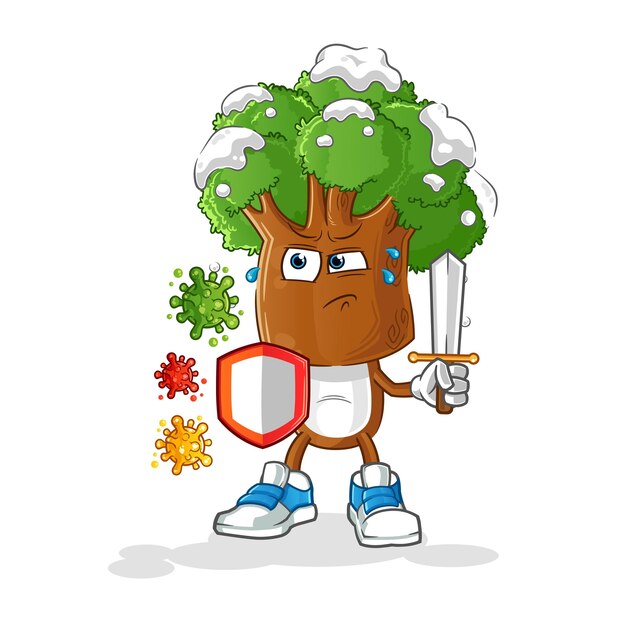 Tree head cartoon against viruses cartoon mascot vector