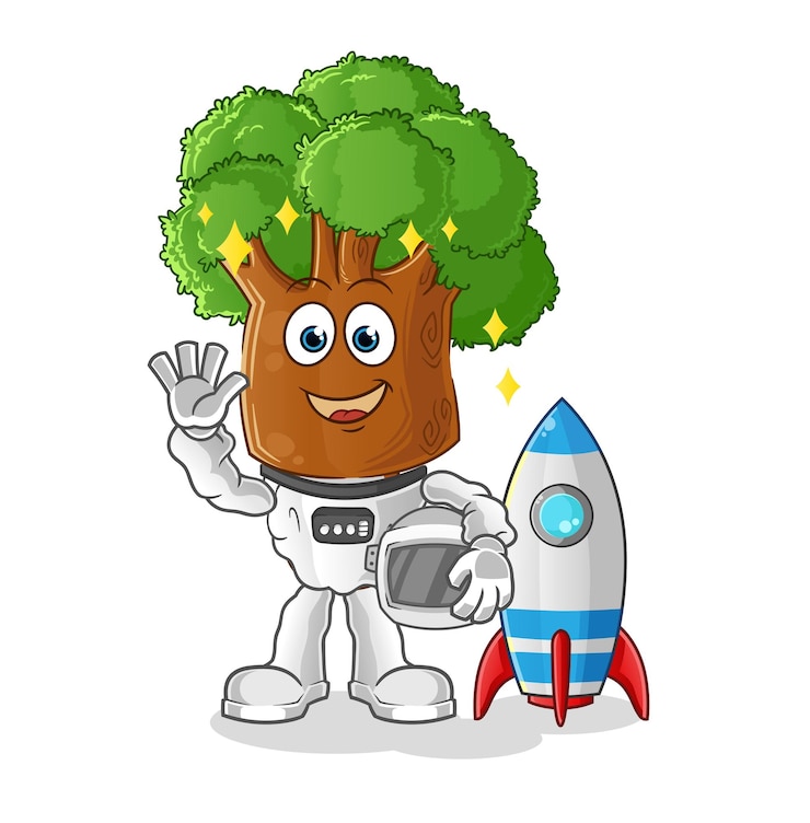 Vector tree head cartoon astronaut waving character. cartoon vector
