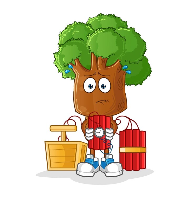 Vector tree head cartoon holding dynamite character cartoon vector