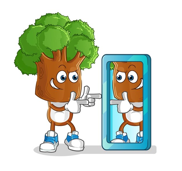 Tree head cartoon looking into mirror. cartoon mascot vector