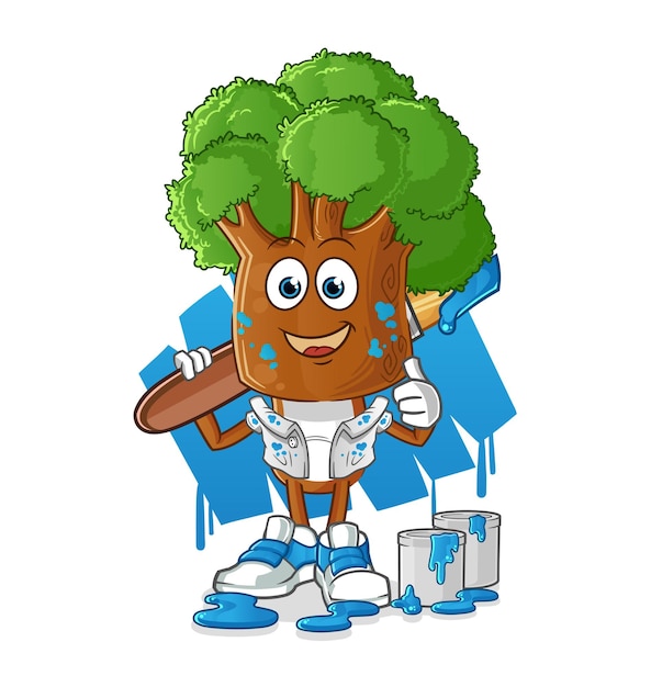 Tree head cartoon painter illustration. character vector