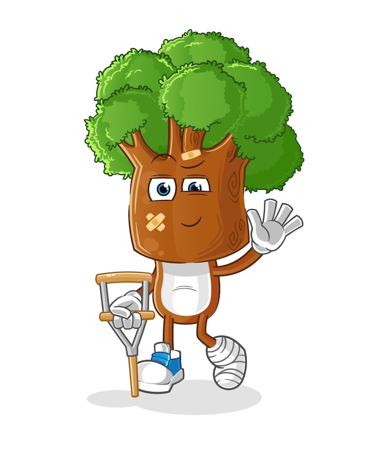Vector tree head cartoon sick with limping stick cartoon vector