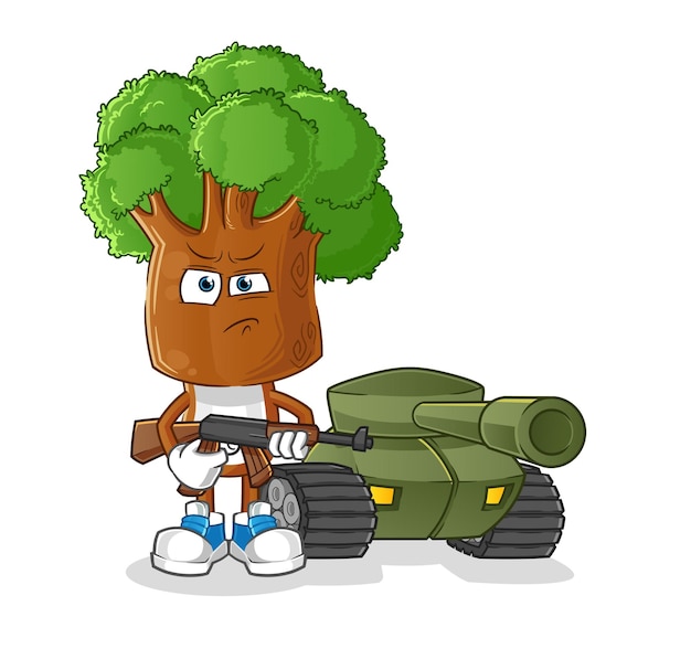 Tree head cartoon soldier with tank character cartoon vector