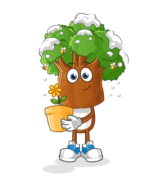 Tree head cartoon with a flower pot character vector