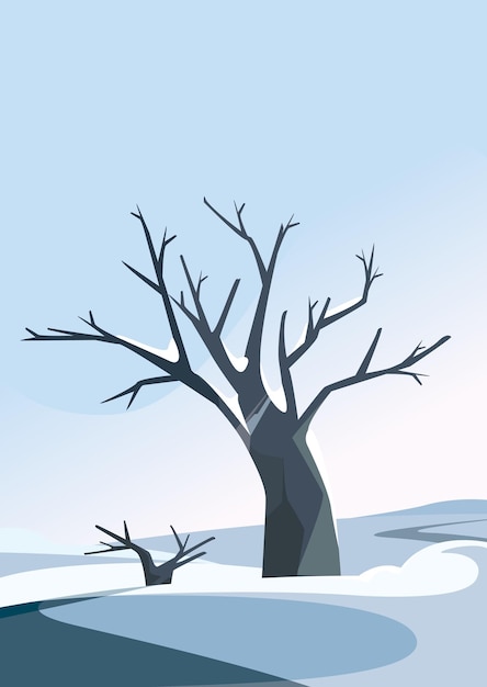 Vector tree on the hill in winter season. nature landscape in vertical orientation.