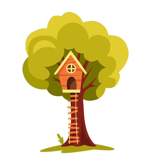 Casa sull'albero. parco giochi per bambini con altalena e scala. illustrazione vettoriale di stile piano casa sull'albero per giocare e feste. casa sull'albero per bambini. città in legno, parco di corde tra fogliame verde