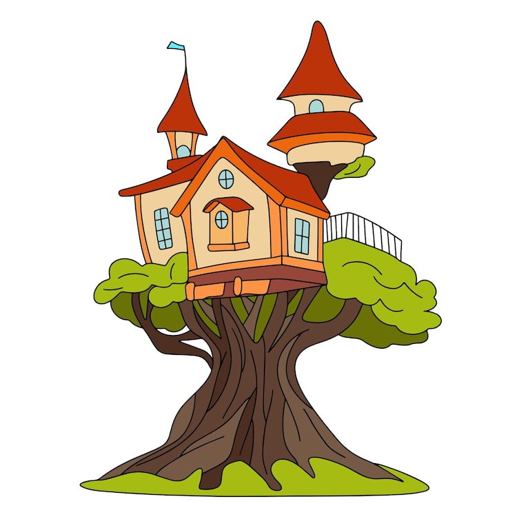 Vector tree house colored outline hand drawn house on three isolated on white background doodle house