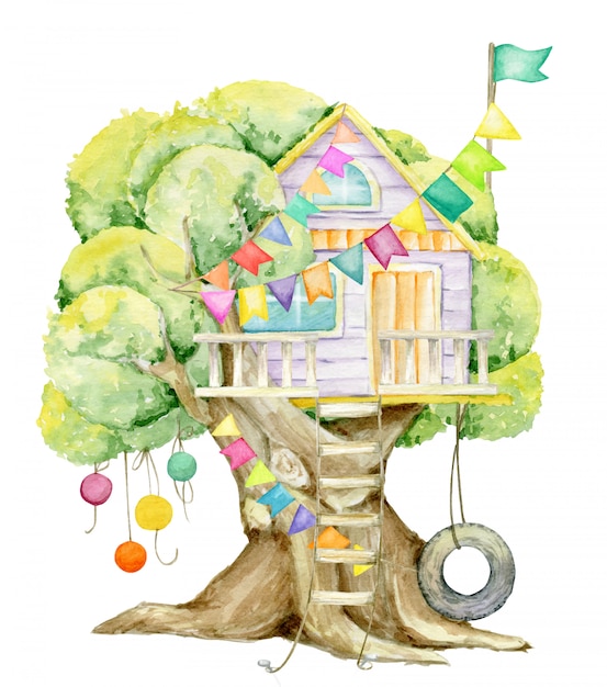 Tree house, flags, garlands. watercolor