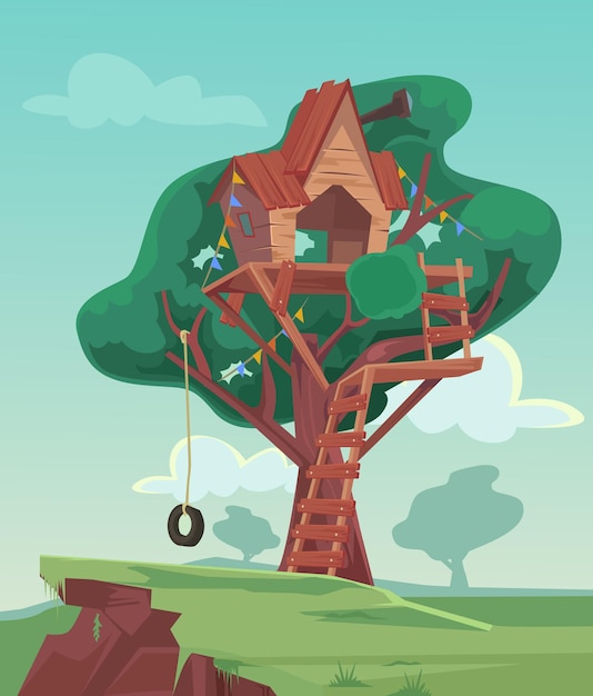 tree house flat cartoon illustration