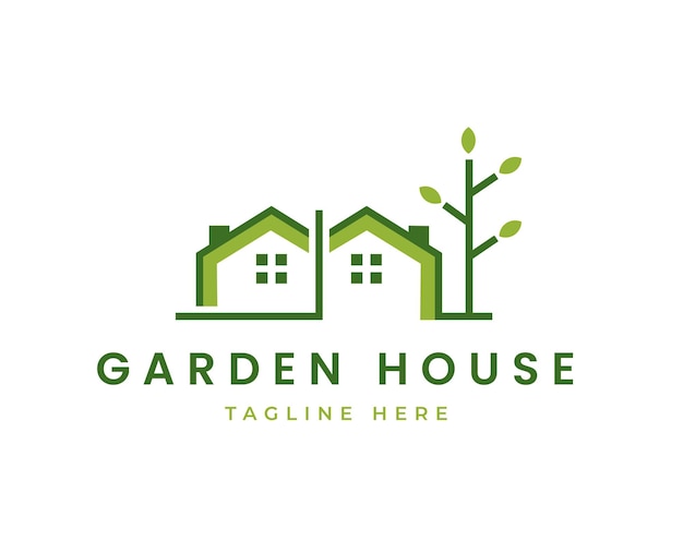 Tree house garden with tree line art logo vector illustration