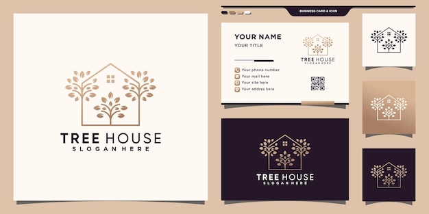 Шаблон логотипа домика на дереве с уникальной современной концепцией и дизайном визитной карточки Premium векторы