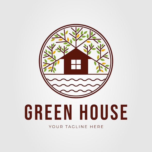 Tree house natural on lakeside logo vector illustration design