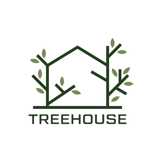 Вектор Дерево дом природа листья леса линии искусства стиль значок дизайн логотипа