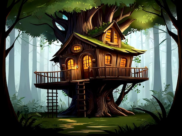 a tree house with a tree house on the top