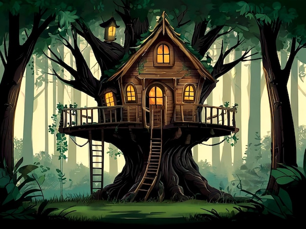 Vector a tree house with a tree house on the top