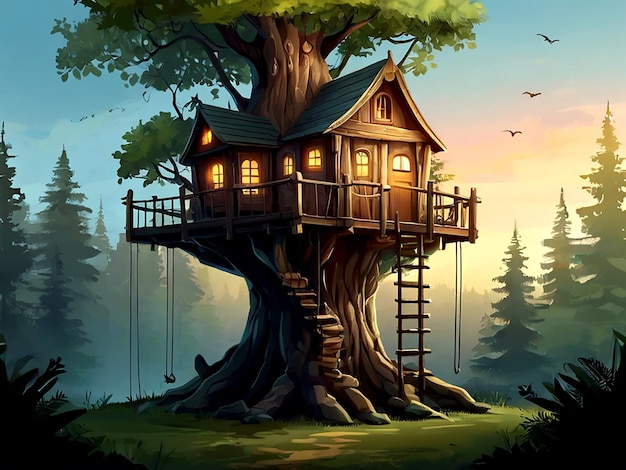 a tree house with a tree house on the top