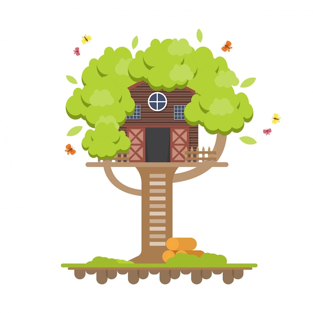 Tree house. Wooden house on tree for kids. Children playground in flat design.