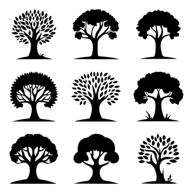 Set di icone di alberi piante con silhouette di foglie simbolo di foresta e giardino isolato su sfondo bianco