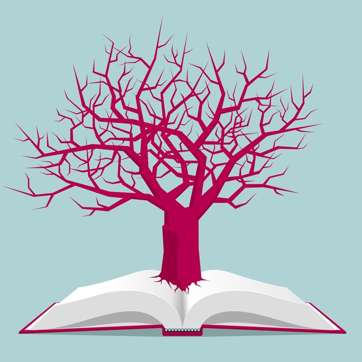 Vector the tree is in the book. isolated on blue background.