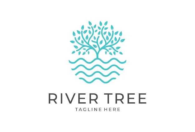 나무 호수 로고 아이콘 강 나무 로고 원형 모양 디자인 벡터 템플릿