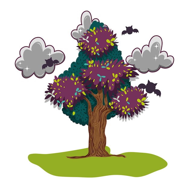 Vector tree leaves with dark clouds and bats