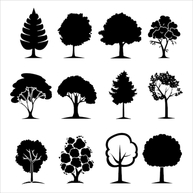 tree line art silhouette black and white vector illustration collection