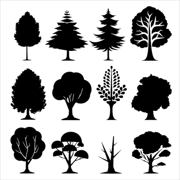 Vector tree line art silhouette zwarte en witte vector illustratie collectie