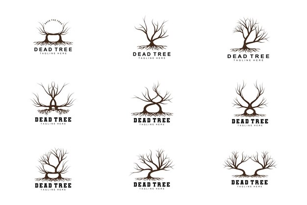 木のロゴデザイン 枯れ木のイラスト 野生の木の伐採 地球温暖化のベクトル 地球干ばつ 製品ブランド アイコン