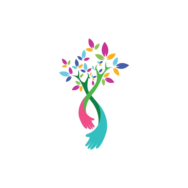 Tree logo and hand design combination colorful logo