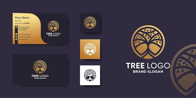 Logo dell'albero con concetto creativo dorato e design del biglietto da visita vettore premium