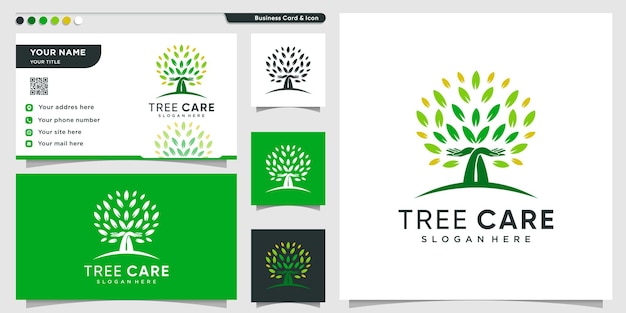 グリーンケアコンセプトと名刺デザインテンプレートプレミアムベクトルと木のロゴ