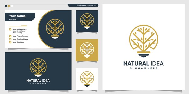 Tree logo with line art style and business card design template, tree, idea, smart