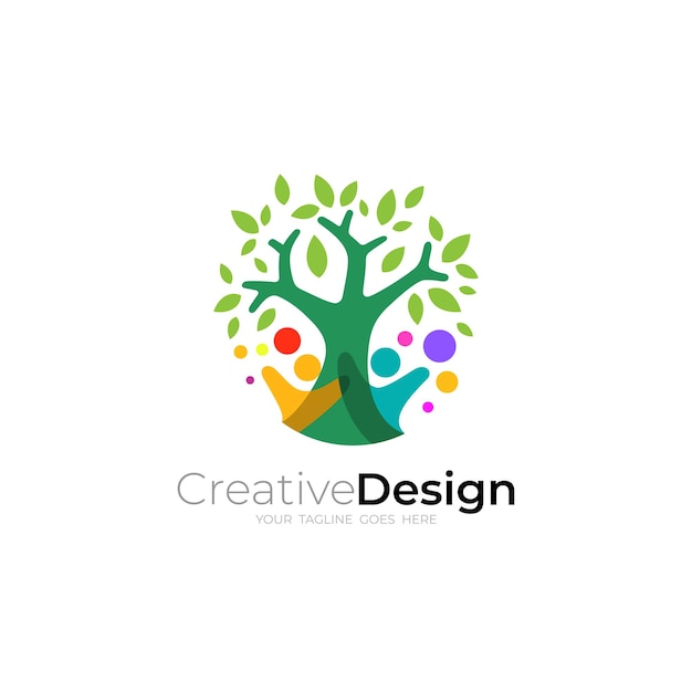 自然デザインのイラストで木のロゴ 人々のケアと木のデザイン