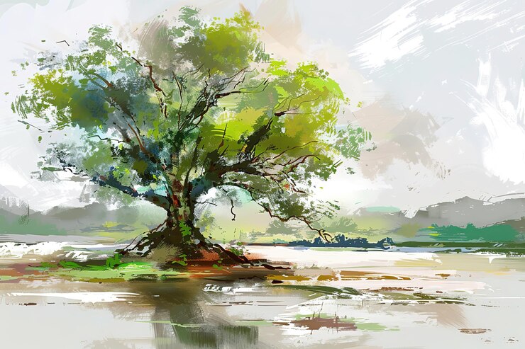 Vector tree in the middle of the picture in the style of flat brushwork romantic riverscapes traditional vi