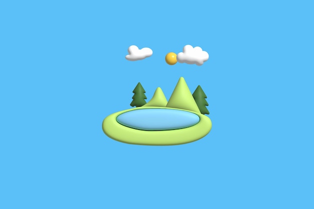 Tree mountain and sun landscape concept realistic 3d object cartoon style vector illustrations