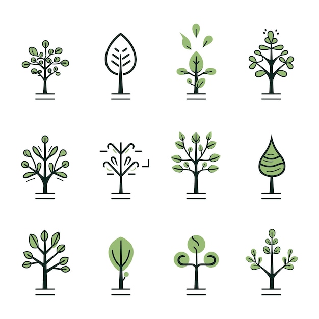 벡터 나무 또는 식물 아이콘 나무 아이콘 디자인 요소의 컬렉션 나무 벡터 라인 아이콘 세트