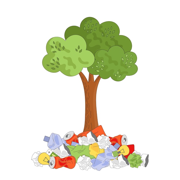 A tree in a pile of trash. ecology concept, garbage recycling, waste disposal. vector illustration isolated on white background.