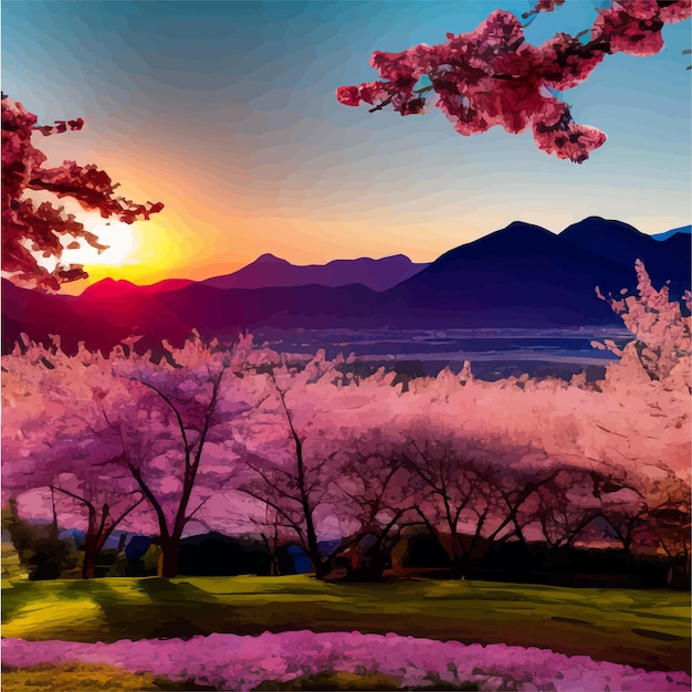 ベクトル 樹木のピンクのサキュラの花が花をかせている 背景は山の空 春の夜明けの風景