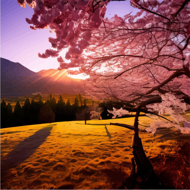 Vector tree pink sakura flowers flowering branches against backdrop mountain sky at dawn spring landscape