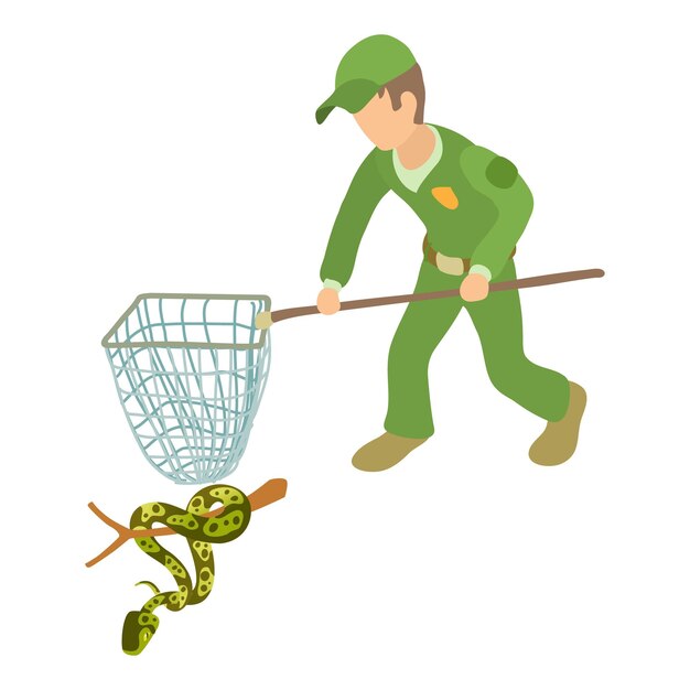 tree python icon isometric vector man in uniform with landing net near python reptile capture herpetology