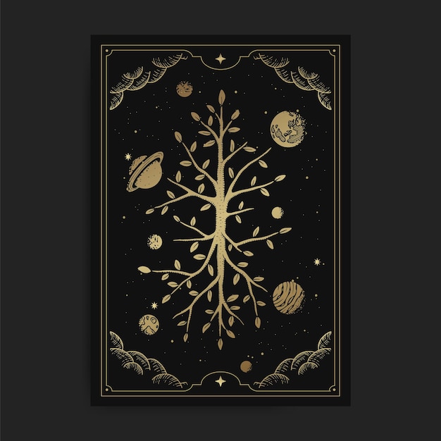 惑星と星を持つ宇宙の木の根