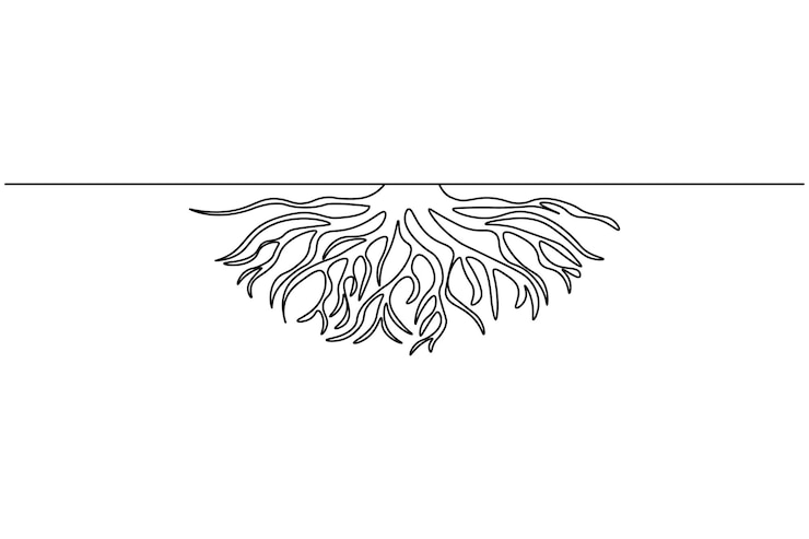 Vector tree roots one line drawing and plant minimalist style isolate outline vector icon