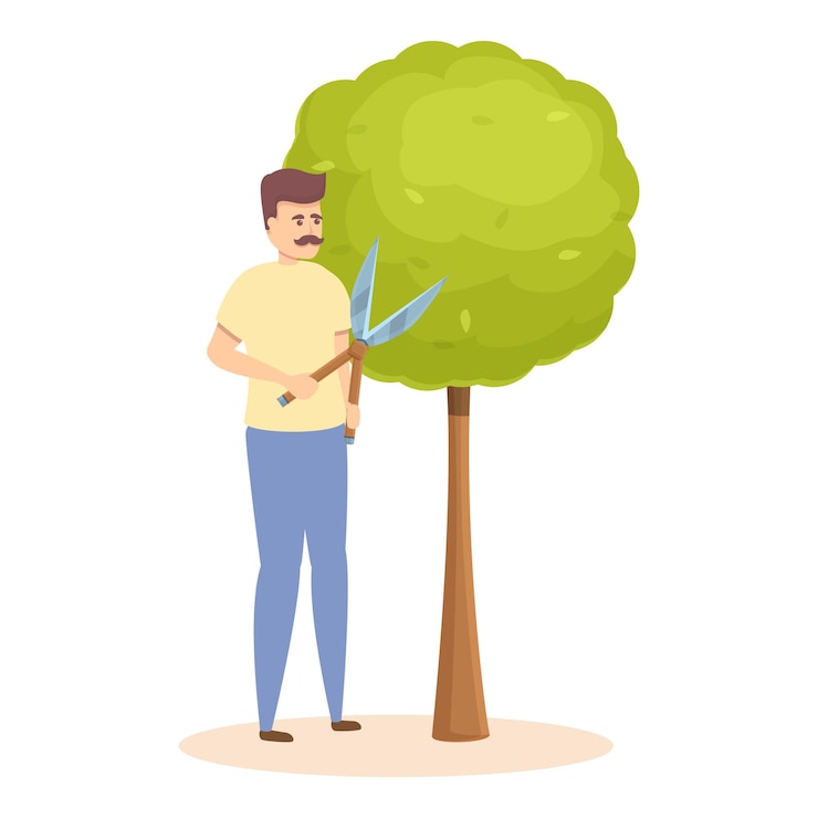 Vector tree scissors man icon cartoon vector garden hedge trim grass