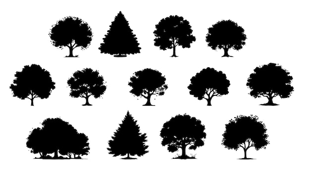 Sagome di alberi isolati su sfondo bianco set di sagome di alberi e foreste d'epoca