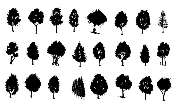 Tree silhouettes mega set in cartoon graphic design bundle elements of black outline oaks maples